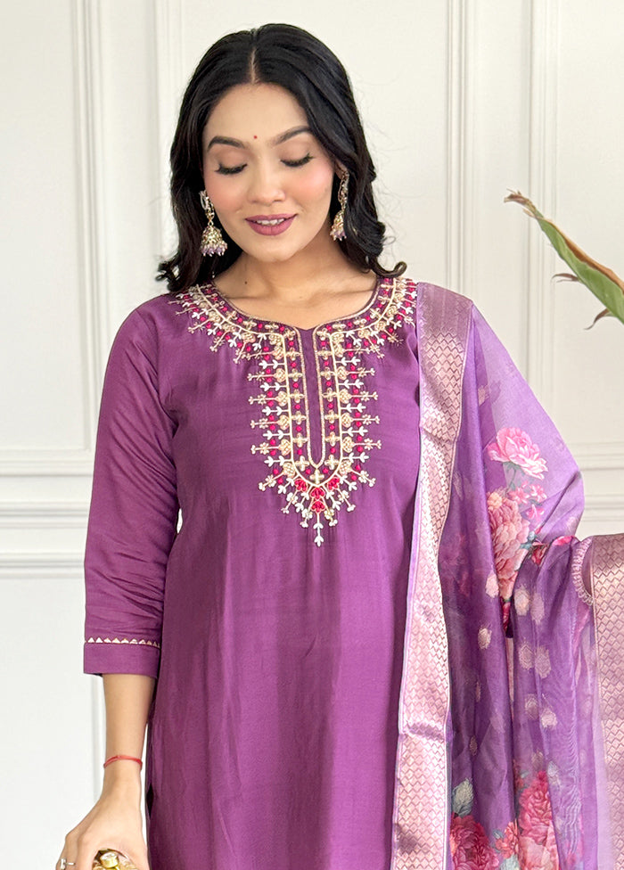 3 Pc Purple Readymade Chanderi Suit Set Free Shipping Browse