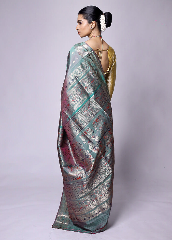 Green Handloom Baluchari Pure Silk Saree With Blouse Piece Free Shipping In China