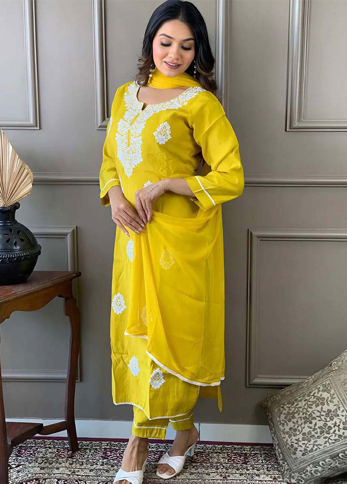 3 Pc Yellow Readymade Viscose Suit Set Cheap Sale Pick A Best