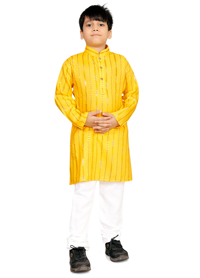 Yellow Cotton Silk Kurta Pajama Set Discount Exclusive