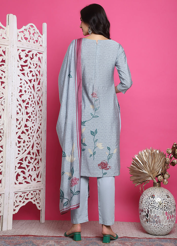 3 Pc Grey Unstitched Silk Suit Set Huge Surprise For Sale