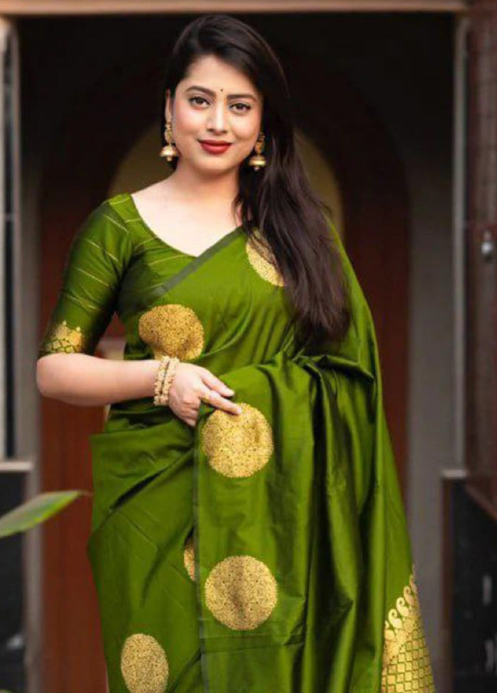 Parrot Green Banarasi Silk Saree With Blouse Piece Sale Cheap Pice