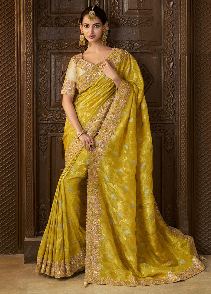 Yellow Spun Silk Saree With Blouse Piece Buy Cheap Best Place