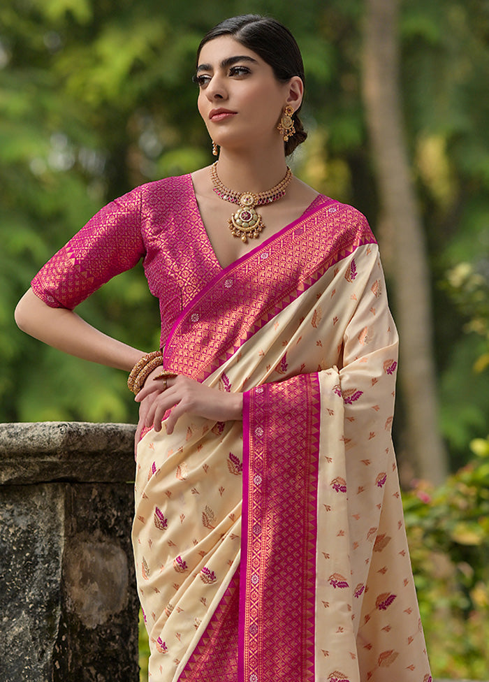 Cream Banarasi Silk Saree With Blouse Piece Clearance Factory Outlet