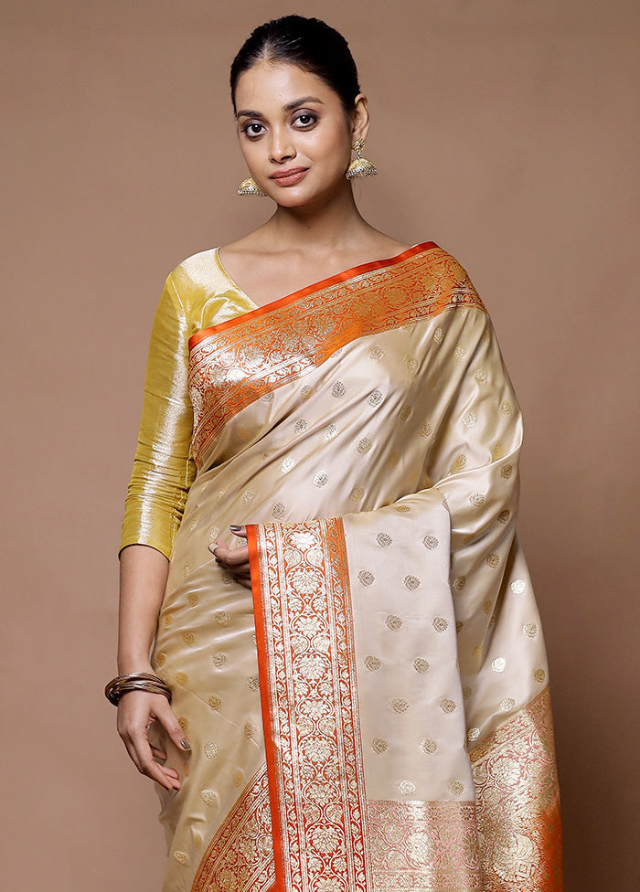 Cream Banarasi Silk Saree With Blouse Piece 2025 New Cheap Online