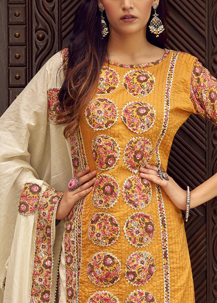 3 Pc Mustard Pure Semi Stitched Cotton Dupatta Suit Set Cheap Store