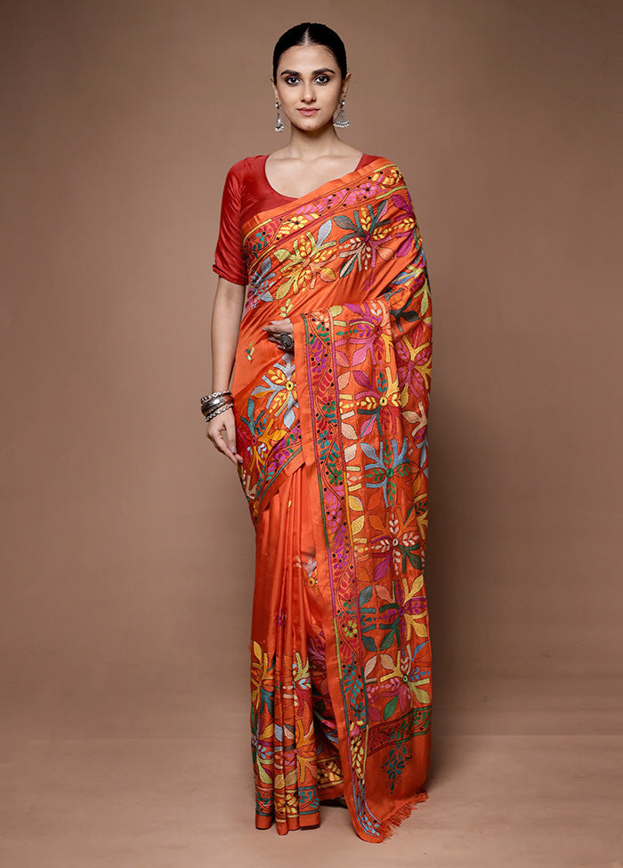 Orange Kantha Stitch Silk Saree With Blouse Piece Finishline Cheap Online