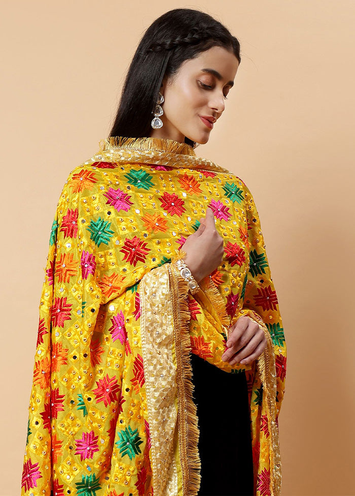 Yellow Chinon Phulkari Work Dupatta For Sale Online