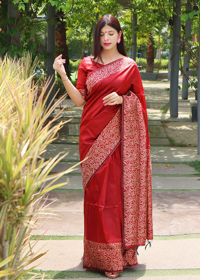 Red Spun Silk Saree With Blouse Piece Fashion Style Online