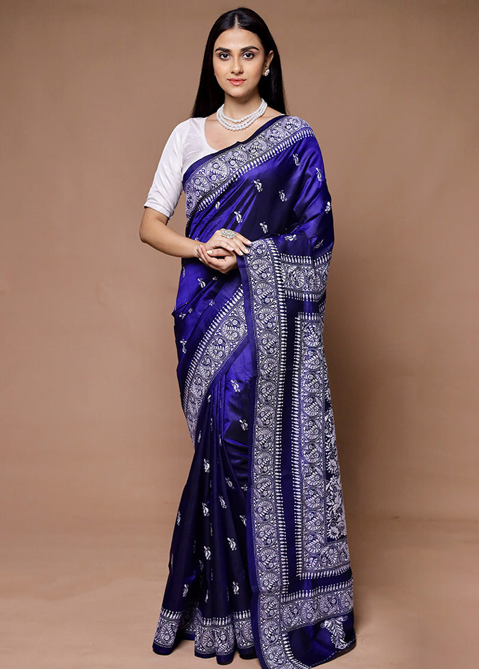 Blue Handloom Kantha Stitch Pure Silk Saree With Blouse Piece Low Pice Fee Shipping Cheap Online