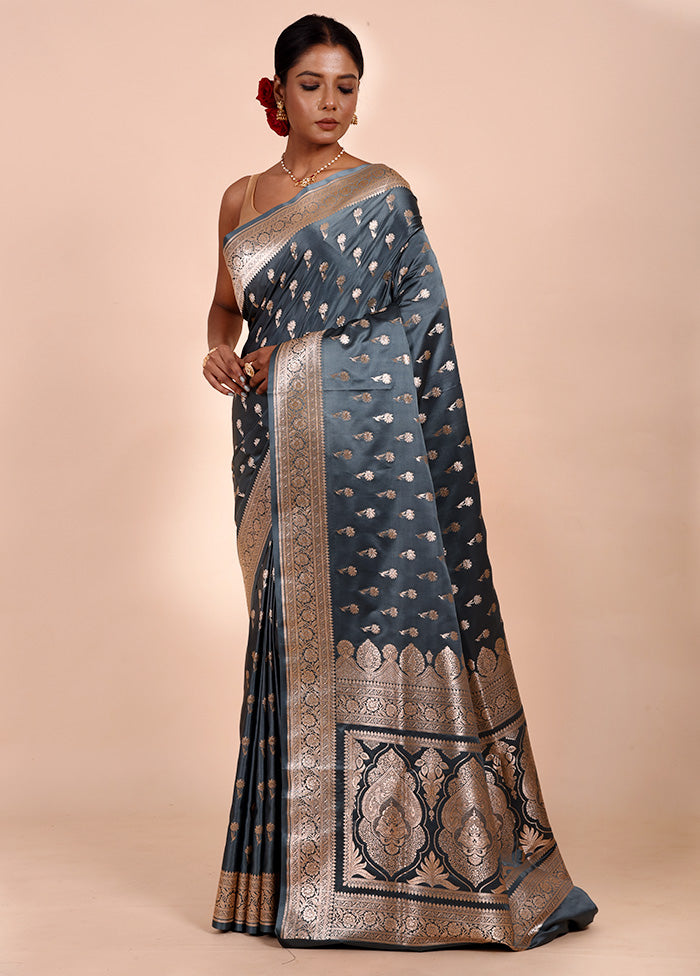 Grey Banarasi Silk Saree With Blouse Piece Free Shipping Limited Edition