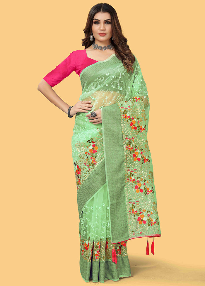 Green Organza Saree With Blouse Piece Discount Eastbay