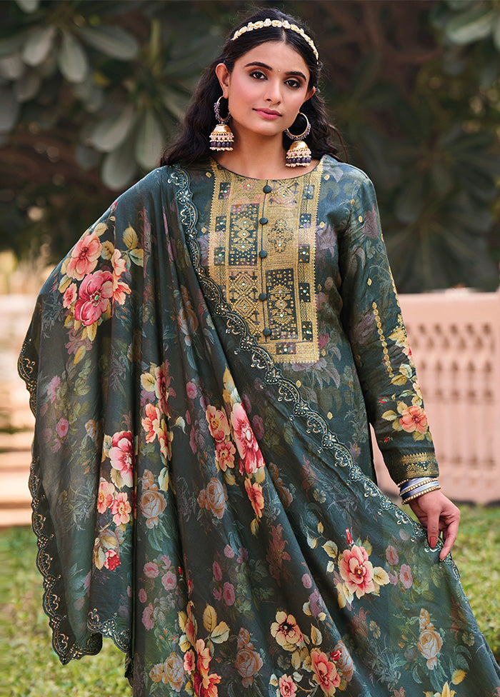 3 Pc Green Unstitched Pure Silk Suit Set Sale Pick A Best