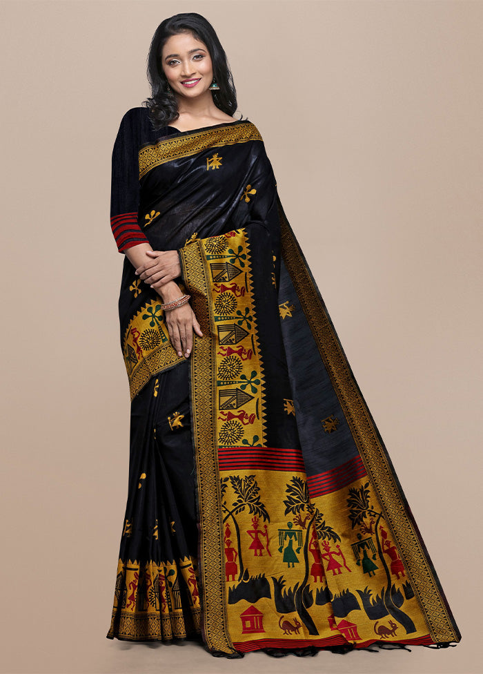 Black Spun Silk Saree With Blouse Piece Lowest Pice