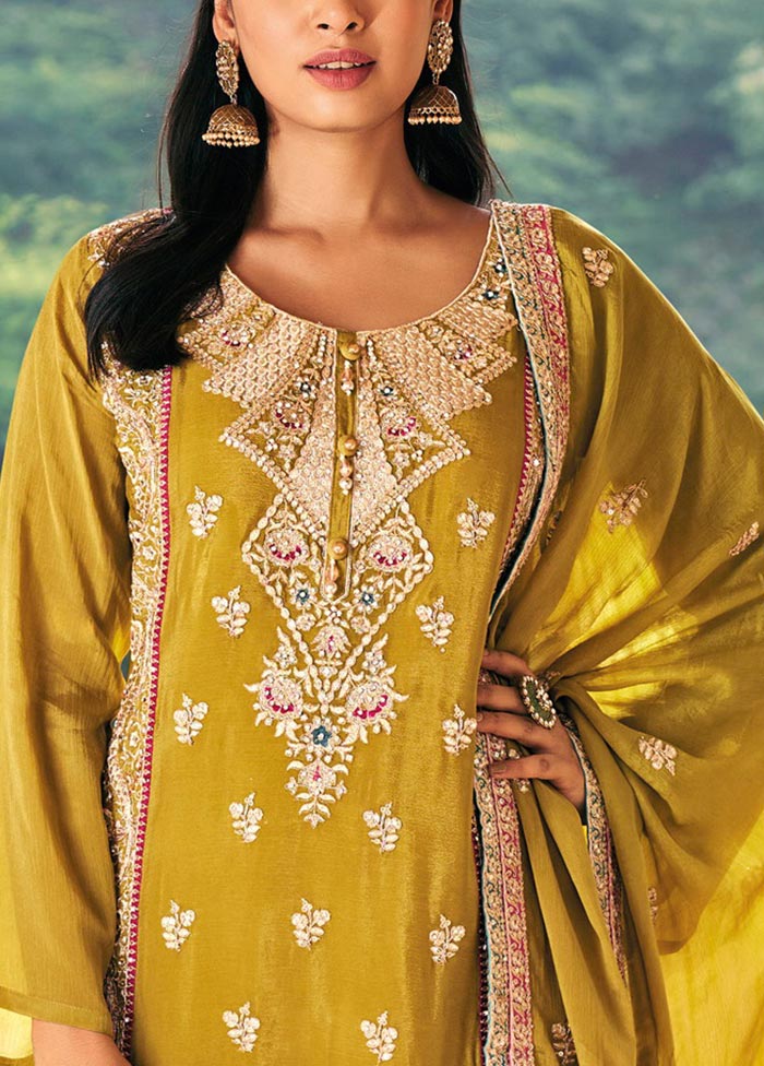 3 Pc Yellow Semi Stitched Silk Suit Set Outlet Low Pice