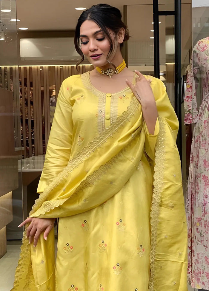 3 Pc Yellow Readymade Viscose Dupatta Suit Set In China Cheap Pice