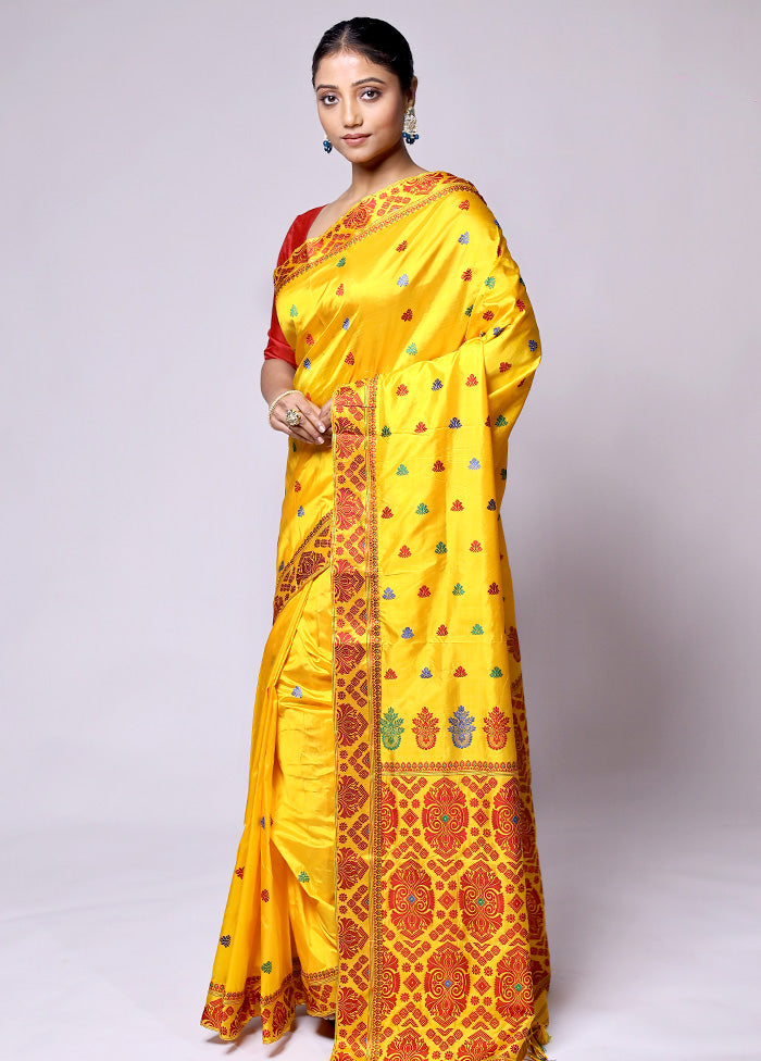 Yellow Handloom Assam Pure Silk Saree With Blouse Piece Free Shipping Manchester