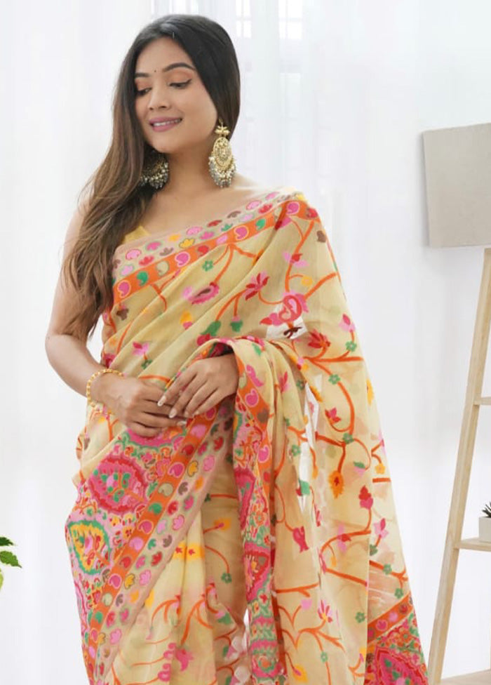 Light Yellow Banarasi Silk Saree With Blouse Piece Cheap Pice Top Quality