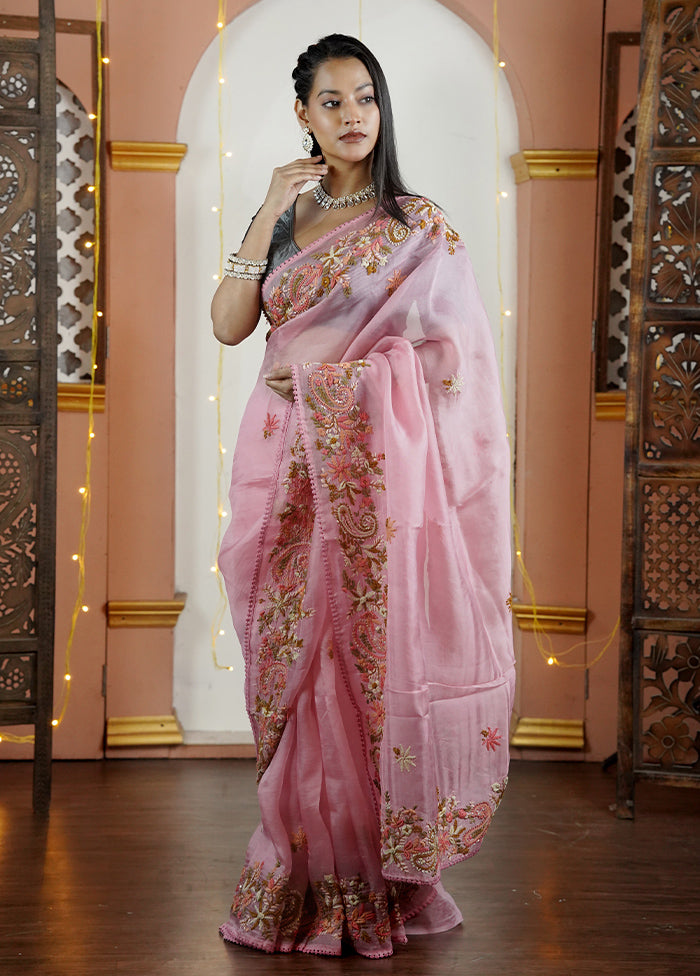 Pink Handloom Pure Organza Saree With Blouse Piece Clearance Wiki