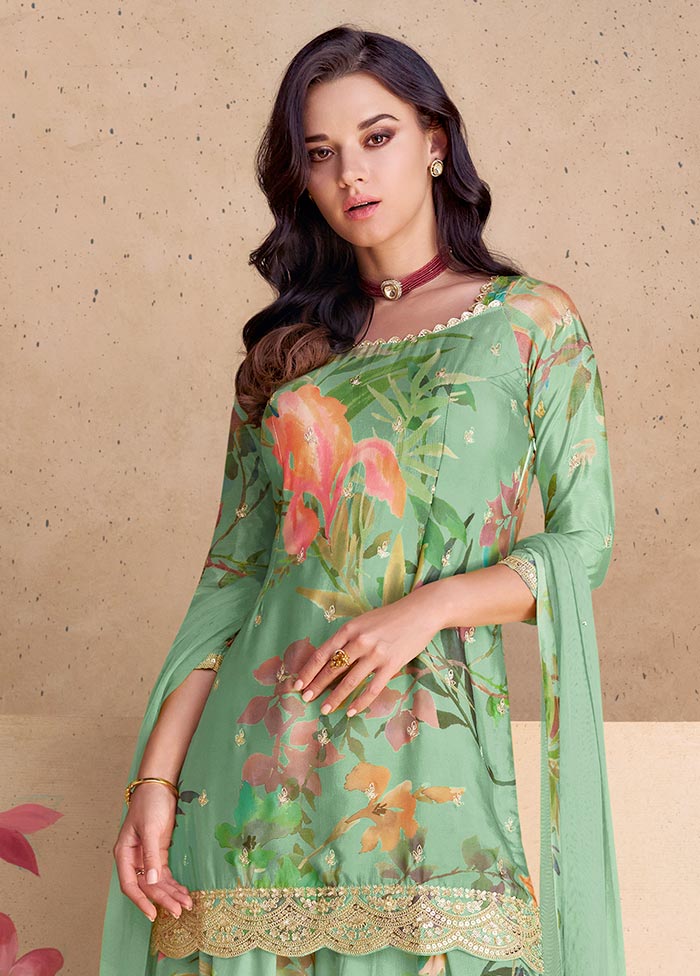 3 Pc Mint Green Semi Stitched Silk Suit Set Deals Online