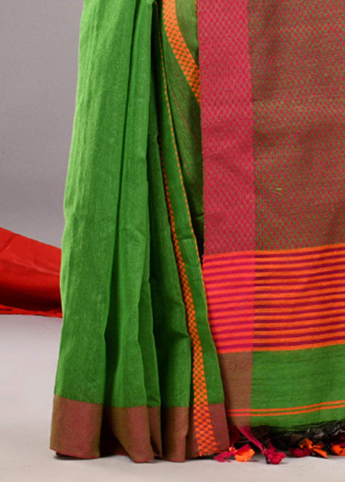 Parrot Green Cotton Saree With Blouse Piece Very Cheap Cheap Online