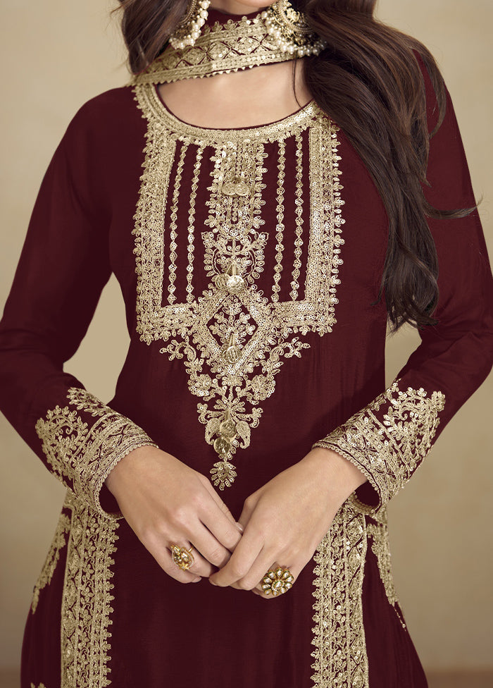 3 Pc Maroon Semi Stitched Georgette Suit Set Cheap Pice Original