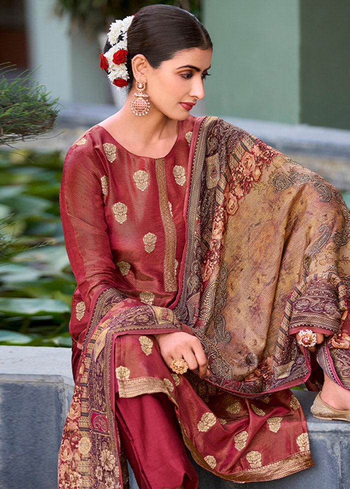 3 Pc Maroon Unstitched Pure Silk Suit Set High Quality For Sale