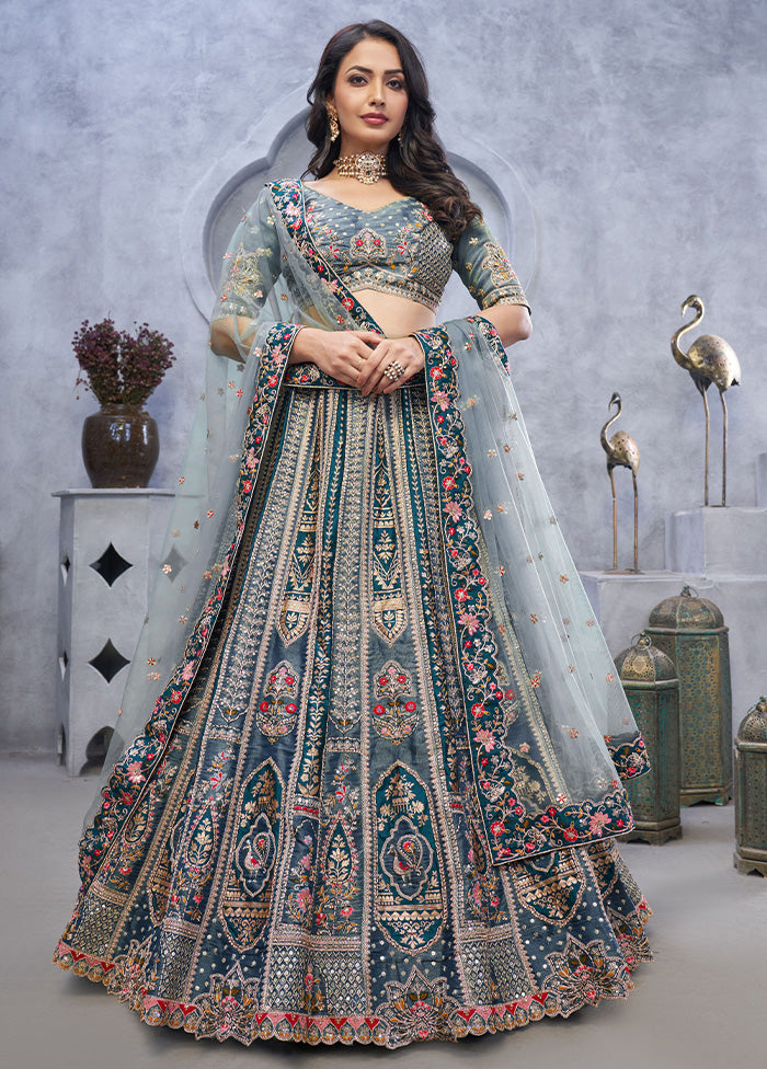 3 Pc Grey Silk Semi Stitched Lehenga Set Buy Cheap Popular