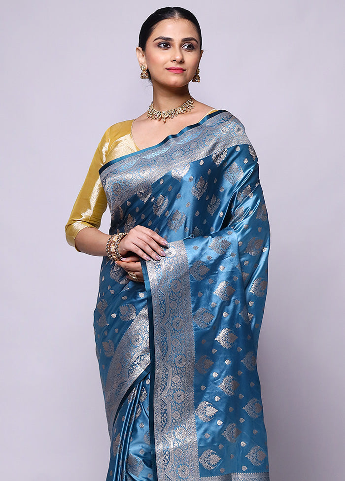 Blue Banarasi Silk Saree With Blouse Piece Clearance Low Pice