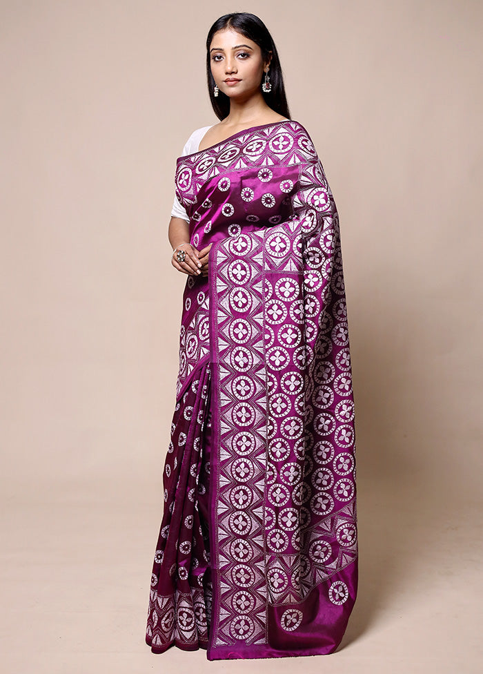 Purple Handloom Kantha Stitch Pure Silk Saree With Blouse Piece Sale View