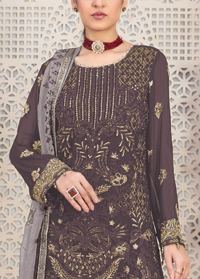 3 Pc Brown Semi Stitched Georgette Suit Set Best Store To Get Sale Online