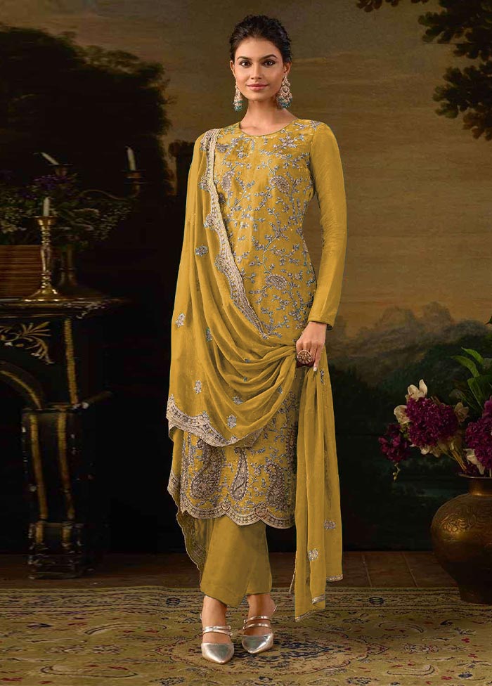 3 Pc Yellow Semi Stitched Silk Suit Set Discount Supply