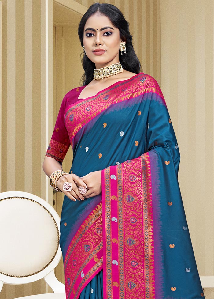 Blue Dupion Silk Saree With Blouse Piece Clearance Visit New