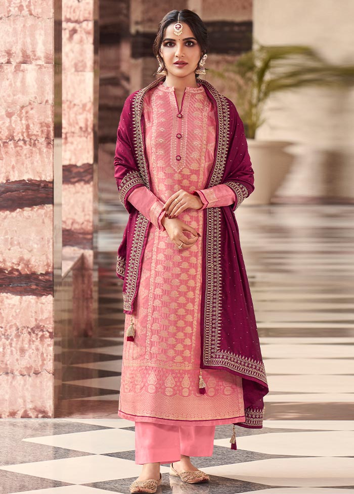 3 Pc Pink Semi Stitched Silk Suit Set Fast Delivery Online