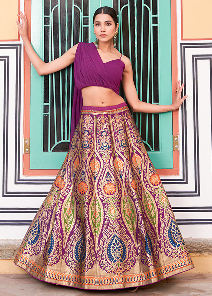 3 Pc Purple Silk Semi Stitched Lehenga Set Pices Online