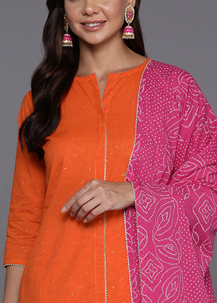 3 Pc Orange Pure Readymade Cotton Dupatta Suit Set Authentic Online