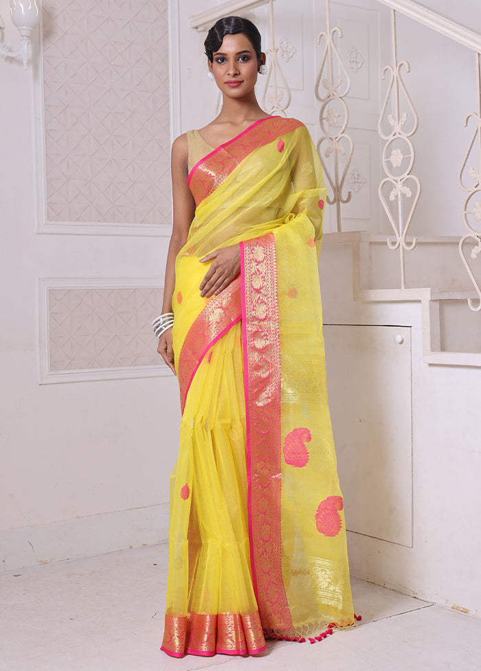 Yellow Spun Silk Saree With Blouse Piece Official For Sale