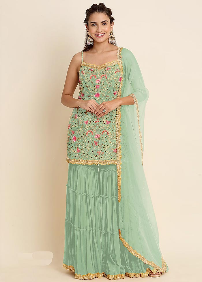 3 Pc Mint Green Semi Stitched Georgette Suit Set Newest Online