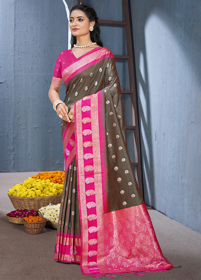 Grey Dupion Silk Saree With Blouse Piece Outlet Supply