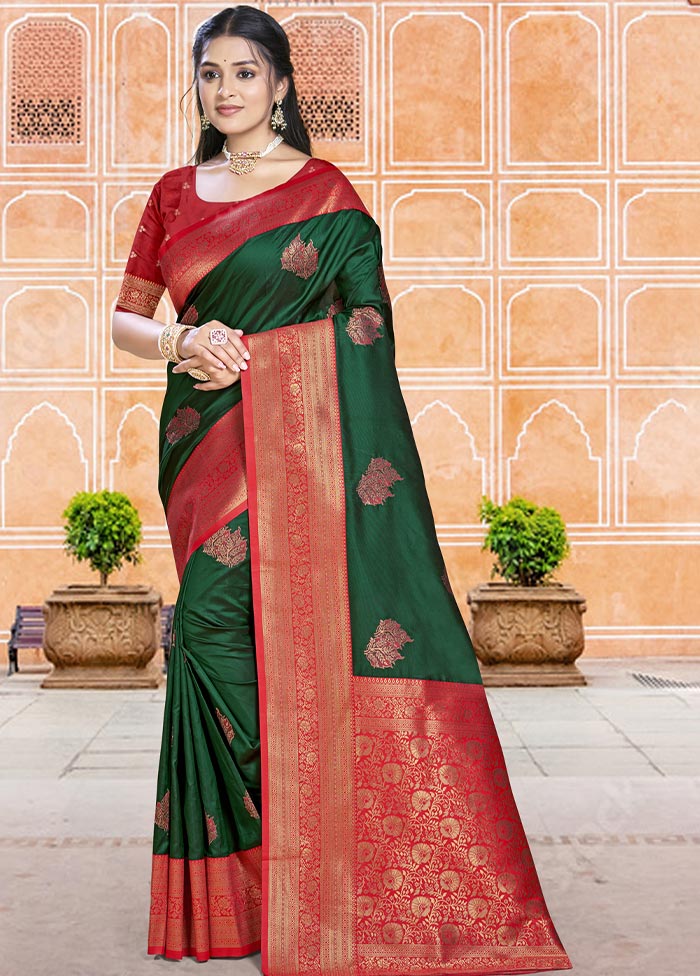 Dark Green Dupion Silk Saree With Blouse Piece Buy