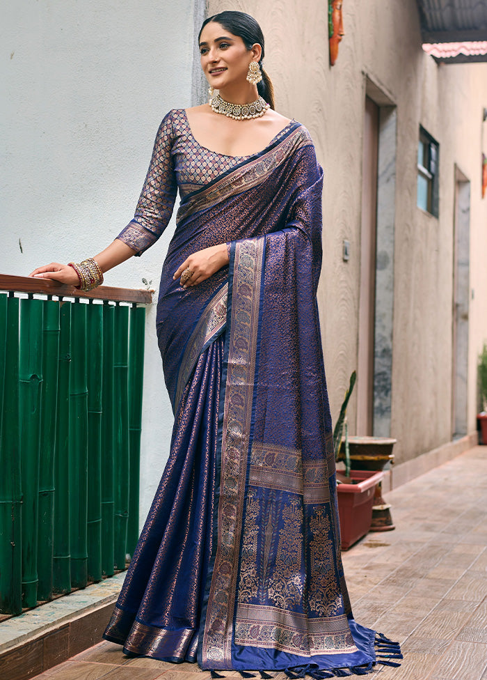 Navy Blue Kanjivaram Silk Saree With Blouse Piece Buy Cheap Discounts