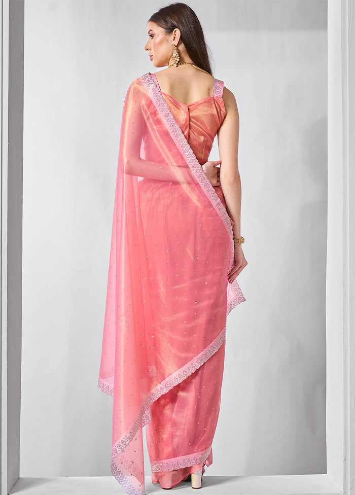 Pink Net Saree With Blouse Piece Cheap Sale Free Shipping