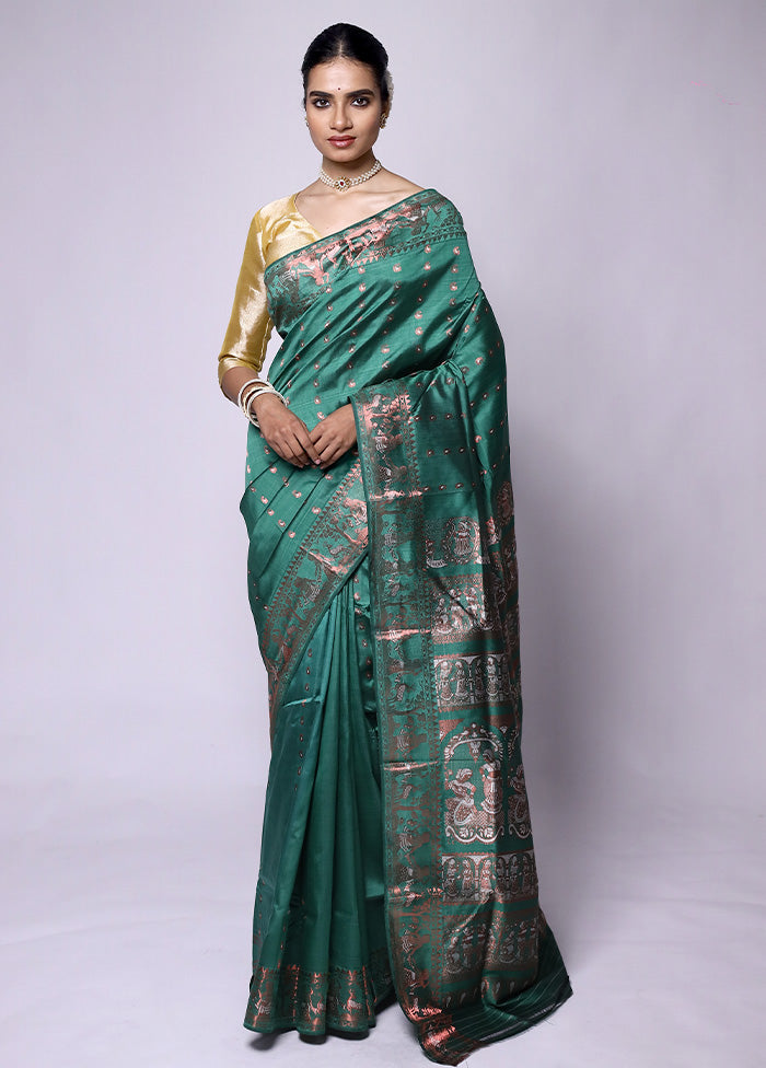 Green Handloom Baluchari Pure Silk Saree With Blouse Piece Free Shipping Get Authentic