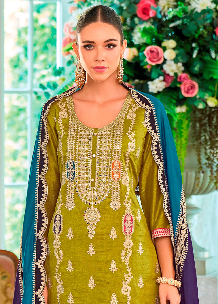 3 Pc Green Semi Stitched Silk Suit Set Discount Supply