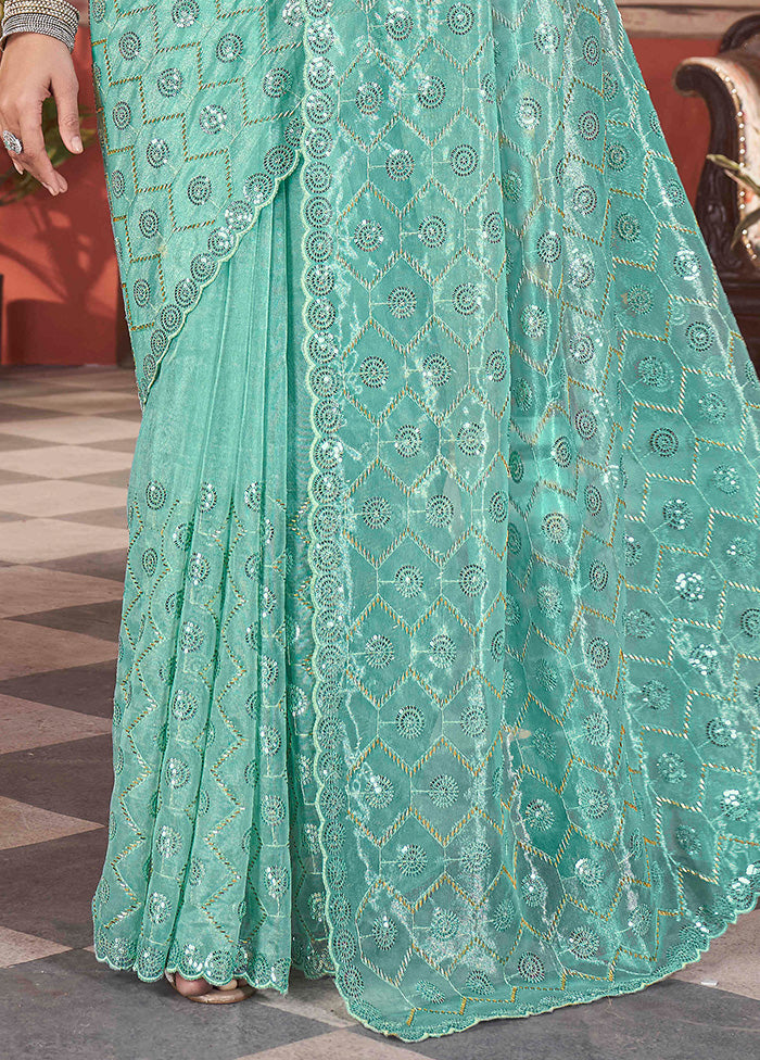 Sea Green Net Net Saree With Blouse Piece Cheap New Arrival