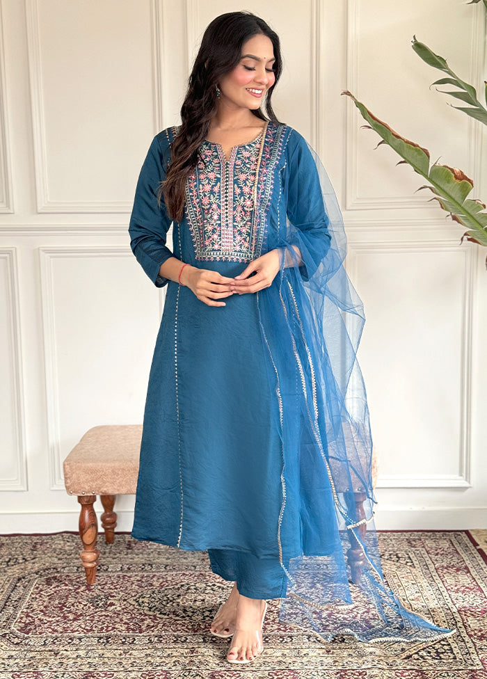 3 Pc Blue Readymade Chanderi Dupatta Suit Set Fast Delivery Online