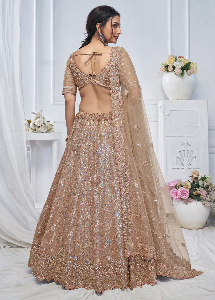 3 Pc Brown Net Semi Stitched Lehenga Set Comfortable Cheap Pice