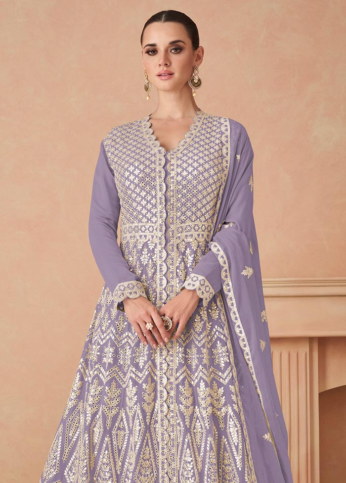 3 Pc Lavender Semi Stitched Georgette Suit Set Free Shipping Online