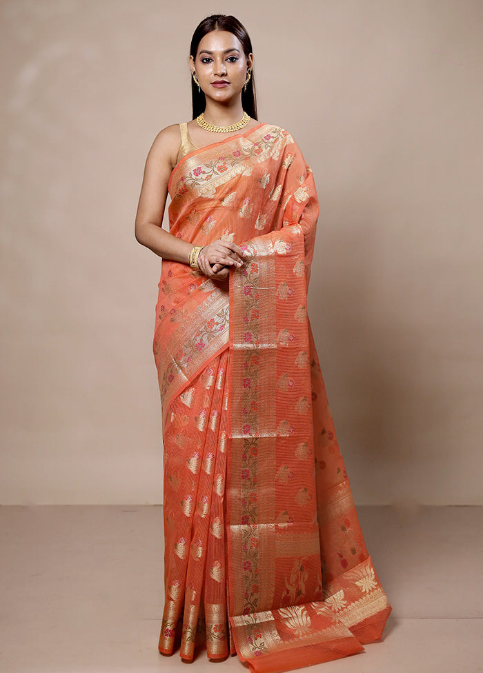 Peach Kora Silk Saree With Blouse Piece Clearance Official Site