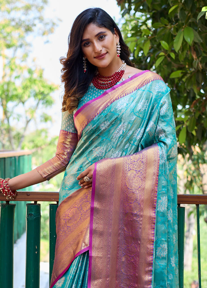 Turquoise Banarasi Silk Saree With Blouse Piece Cheap Get To Buy